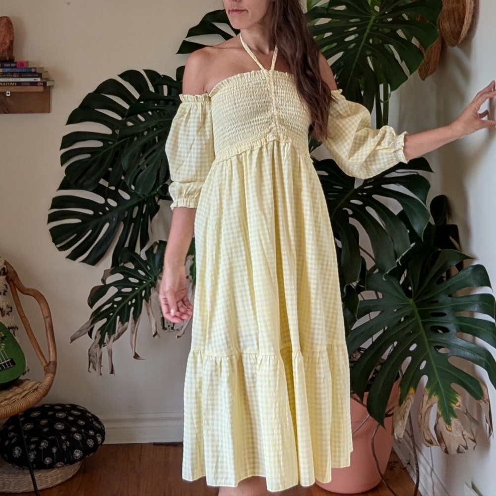 Yellow Gingham Off-Shoulder Dress